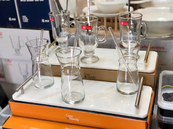 6 Glazen 6rietjes marble tray set